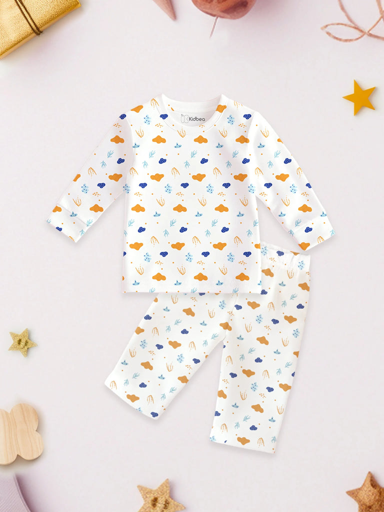 100% Organic Bamboo Co-Ord Set Combo – Pack of 2 | Soft, Breathable & Stylish Nightwear for Kids (Blue & Off-White Print)