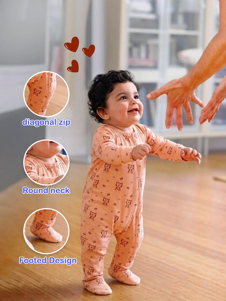 Organic Cotton Baby Romper Pack of 2 – Tiger & Lemon Print Full Sleeve Zip Sleepsuit