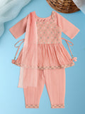 Kidbea Girls Ethnic Wear Set | Embroidered Kurta with Pant & Dupatta | Pink