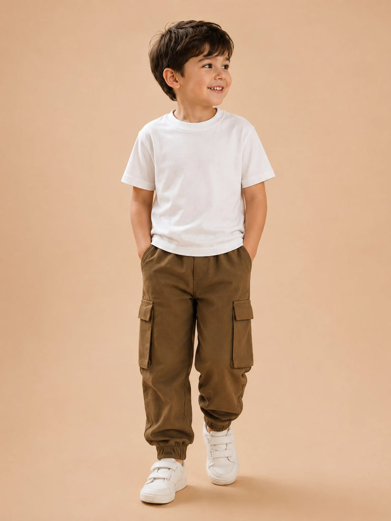 Unisex Cotton Kids Cargo Jogger Pants – Light Brown Comfortable Bottomwear