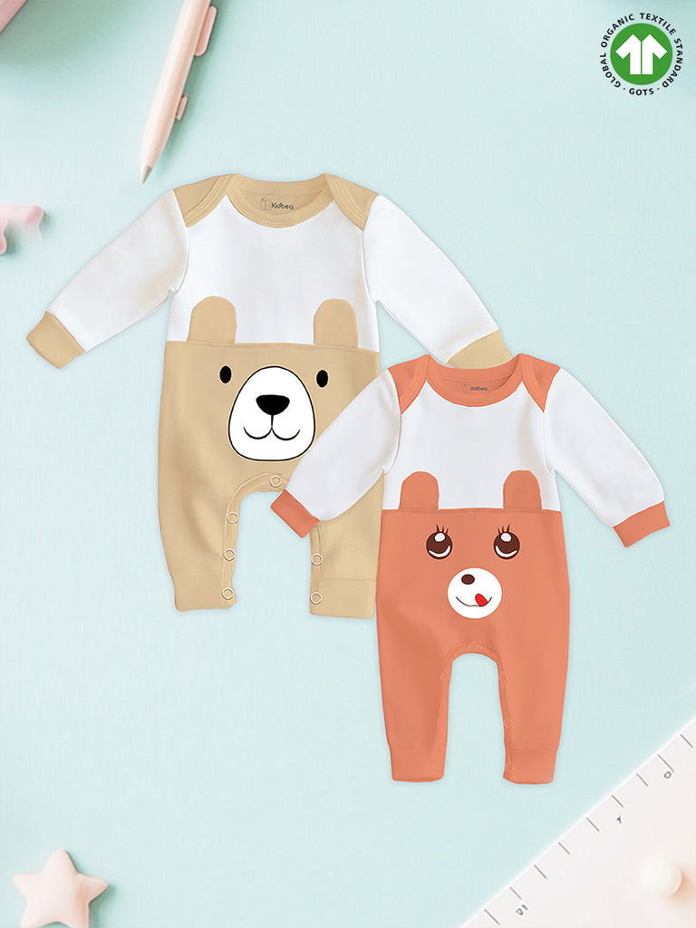 Pack of 2 Full Sleeves 100% Organic cotton Bear Printed Romper – Beige & Orange