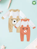 Pack of 2 Full Sleeves 100% Organic cotton Bear Printed Romper – Beige & Orange
