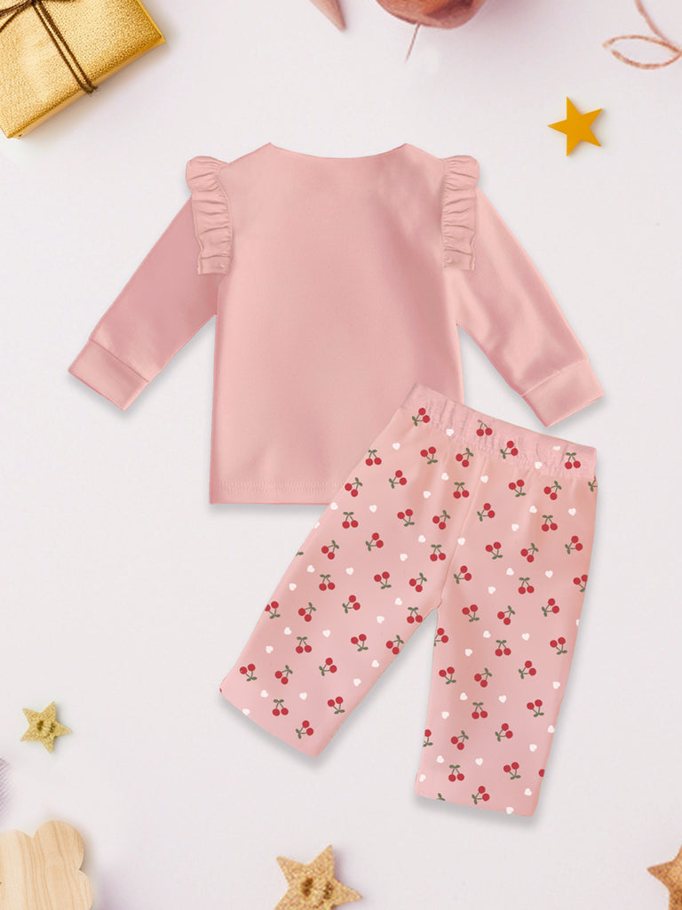 100% Bamboo Cotton Girls Full Sleeves Cherry Printed Co-Ord Set - Blush Pink