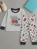 Unisex Kids Cotton Nightsuit Set | Firetruck Print  | Full Sleeves Pajamas | Grey