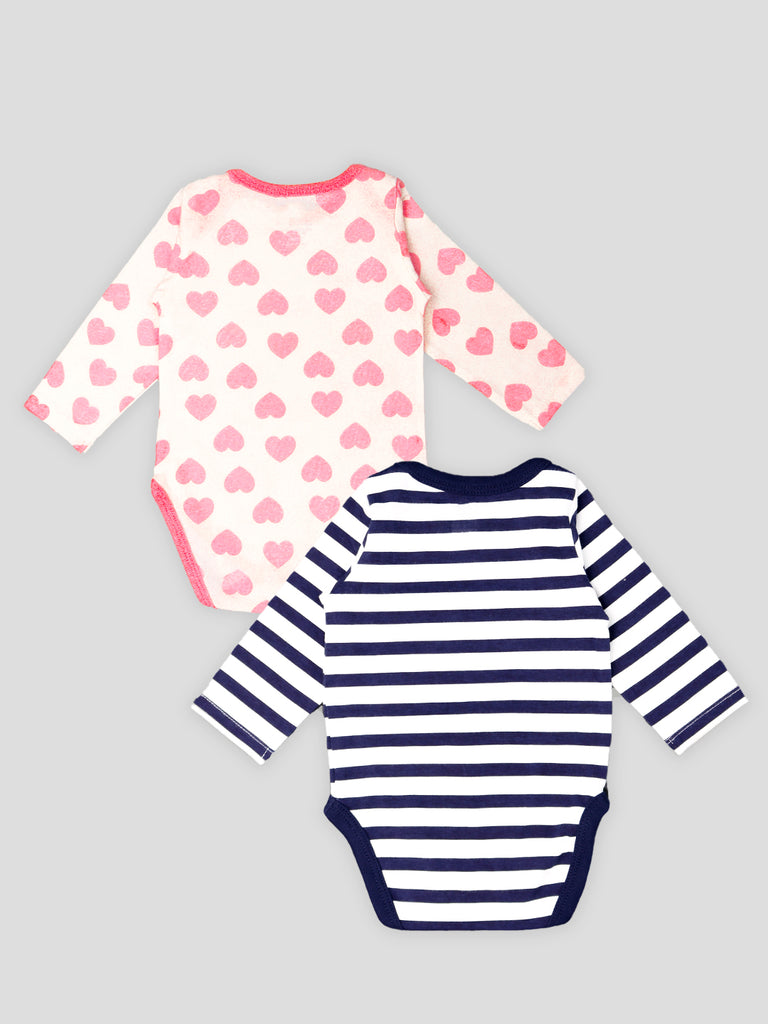 Kidbea 100% Organic cotton baby Pack of 2 onesies Unisex |  Strips - Blue and Heart - Pink