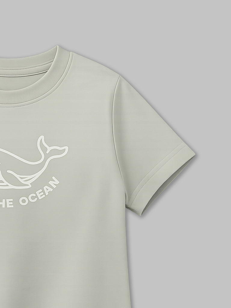 Organic Cotton Gray Whale Print Oversized Round Neck Half Sleeve T-Shirt | Unisex