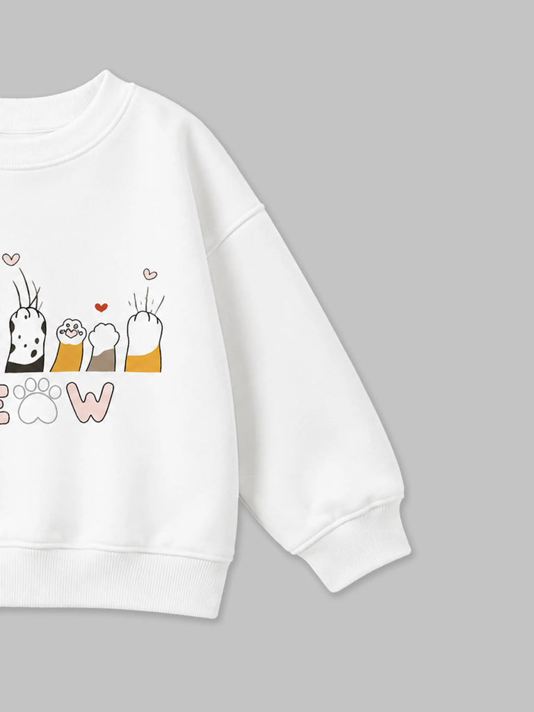Unisex White Sweatshirt – Meow Cat Print Full-Sleeve Sweatshirt