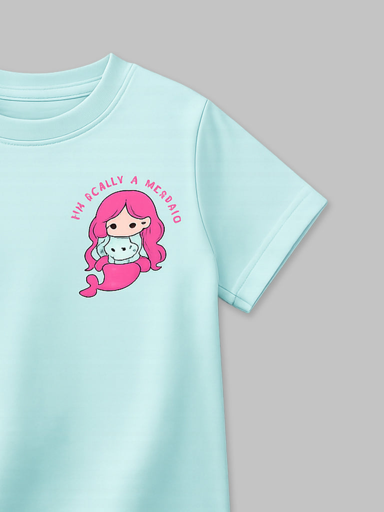 Girls Light Organic Cotton Aqua Blue Mermaid Print T-Shirt