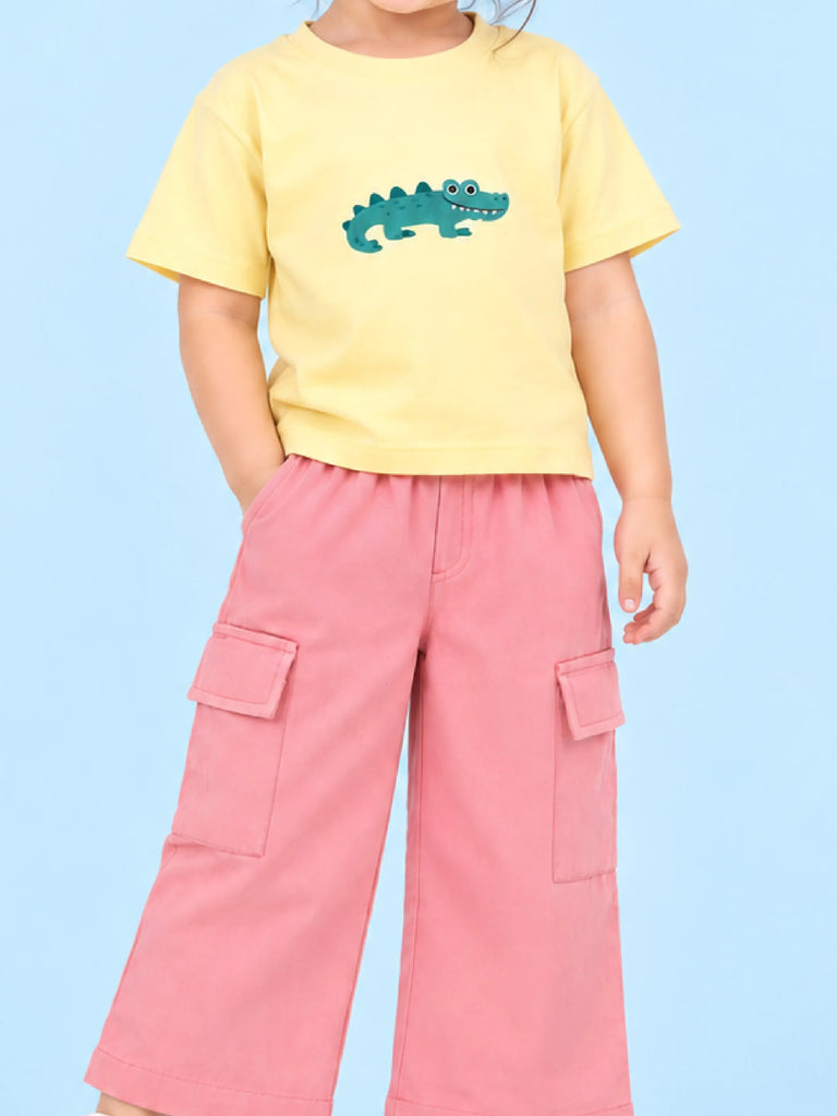 Unisex Cotton Co-Ord Set – Yellow Crocodile T-Shirt & Pink Cargo Pants