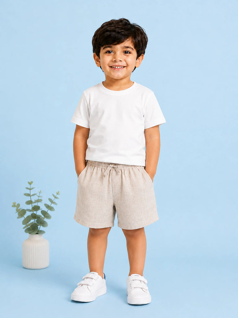 Boys Cotton Drawstring Shorts - Natural Beige
