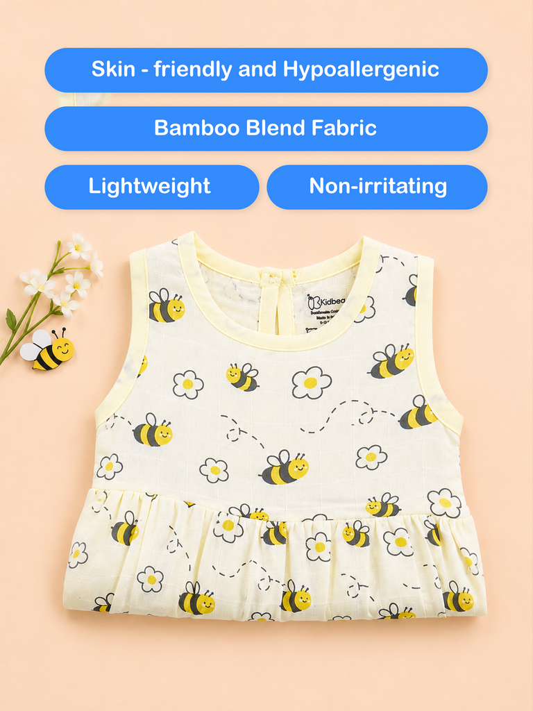BambooTEC™ Bamboo Muslin Baby Frock – Bee & Daisy Print, Soft & Breathable Dress