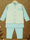 Boys Stylish Kurta Pajama Set with Embroidered Nehru Jacket | Traditional Festive Ethnic Wear | Blue