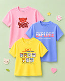 Bamboo Fabric Unisex Kids Half Sleeve T-Shirt Pack of 3 – Cat Mood, Explore & Roaring Spring Graphic Print Soft Summer Tee Set