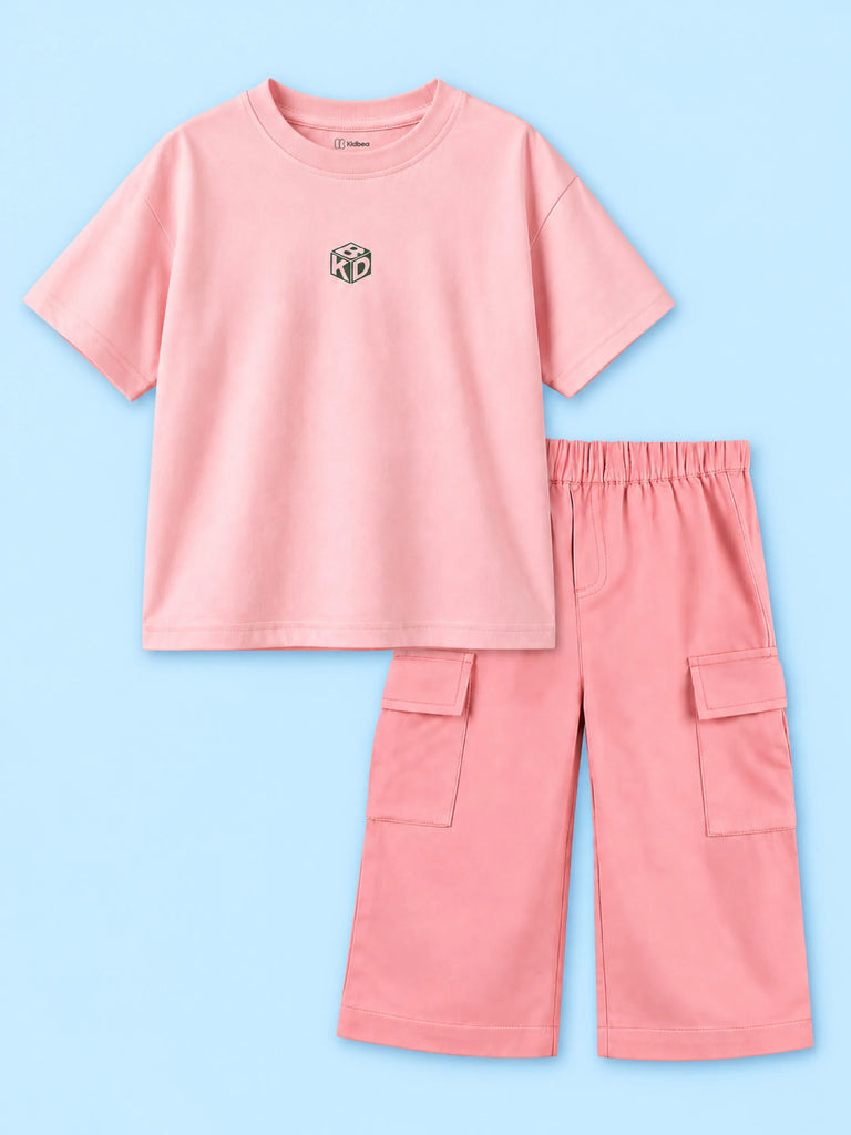 Girls Cotton Co-Ord Set – Pink T-Shirt & Pink Cargo Pants