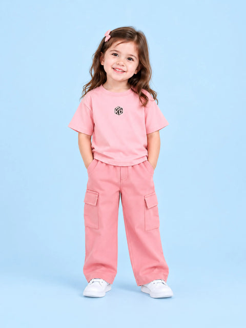 Girls Cotton Co-Ord Set – Pink T-Shirt & Pink Cargo Pants
