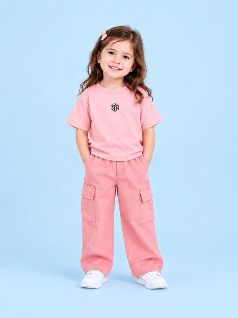 Girls Cotton Co-Ord Set – Pink T-Shirt & Pink Cargo Pants