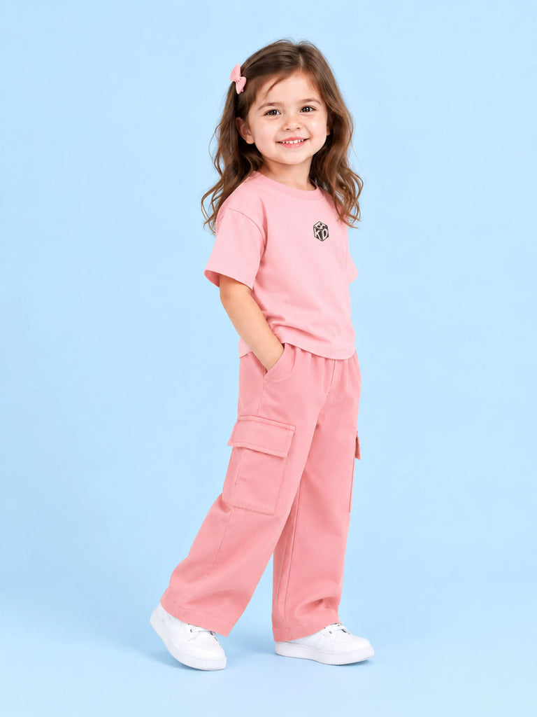 Girls Cotton Co-Ord Set – Pink T-Shirt & Pink Cargo Pants