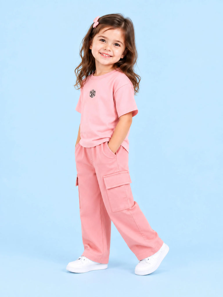 Girls Cotton Co-Ord Set – Pink T-Shirt & Pink Cargo Pants