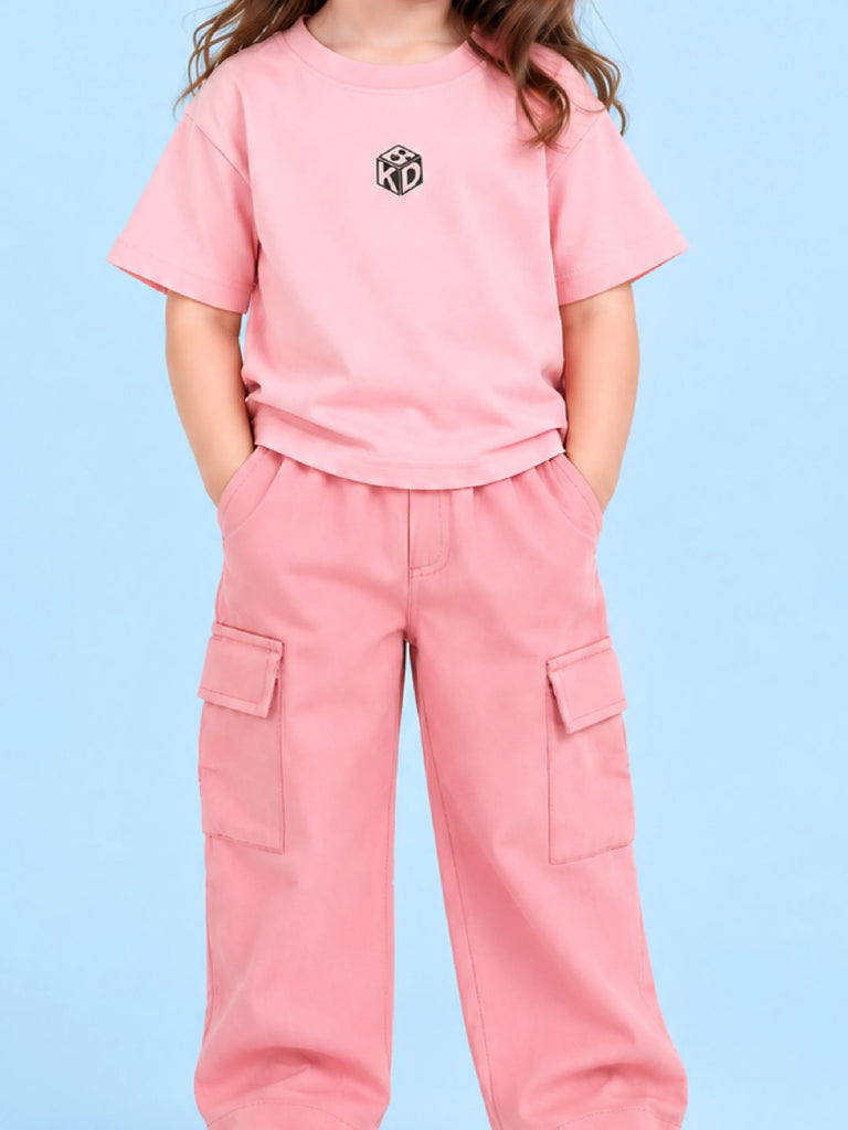 Girls Cotton Co-Ord Set – Pink T-Shirt & Pink Cargo Pants