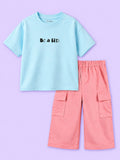 Girls Cotton Co-Ord Set – Light Blue T-Shirt & Pink Cargo Pants