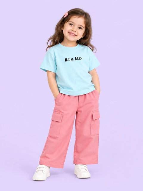 Girls Cotton Co-Ord Set – Light Blue T-Shirt & Pink Cargo Pants
