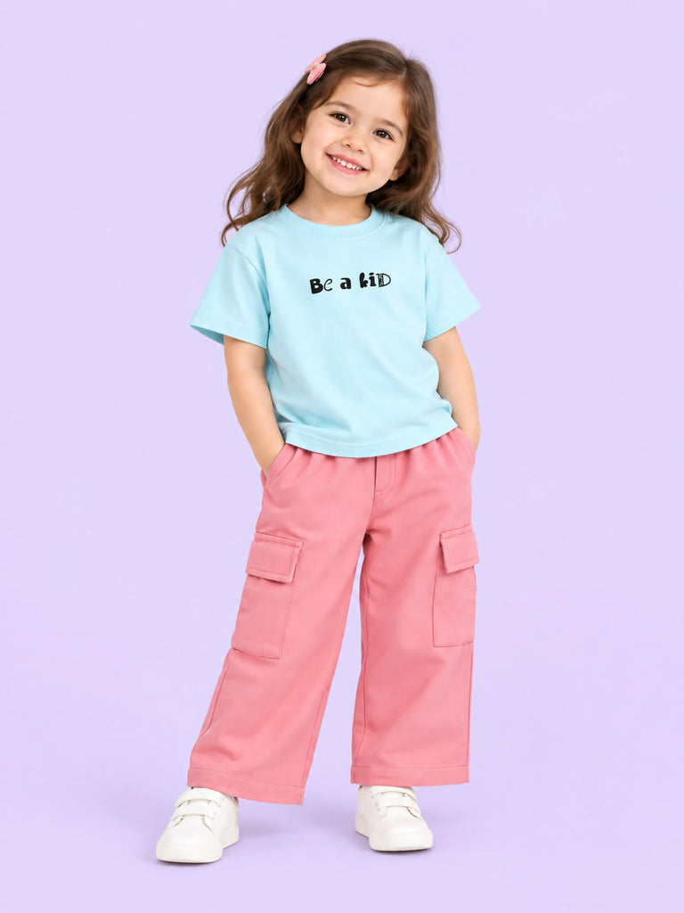 Girls Cotton Co-Ord Set – Light Blue T-Shirt & Pink Cargo Pants