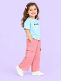 Girls Cotton Co-Ord Set – Light Blue T-Shirt & Pink Cargo Pants