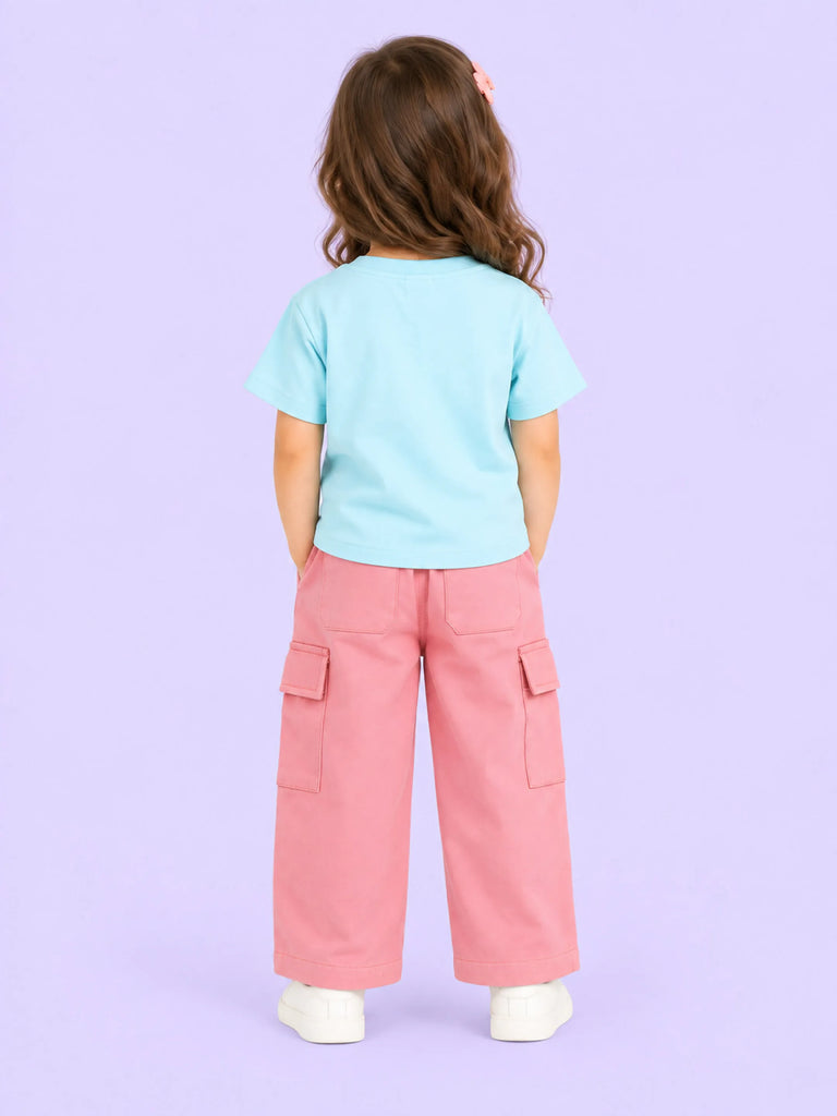 Girls Cotton Co-Ord Set – Light Blue T-Shirt & Pink Cargo Pants