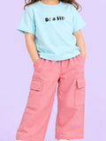 Girls Cotton Co-Ord Set – Light Blue T-Shirt & Pink Cargo Pants