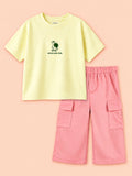 Girls Cotton Co-Ord Set – Yellow Printed T-Shirt & Pink Cargo Pants