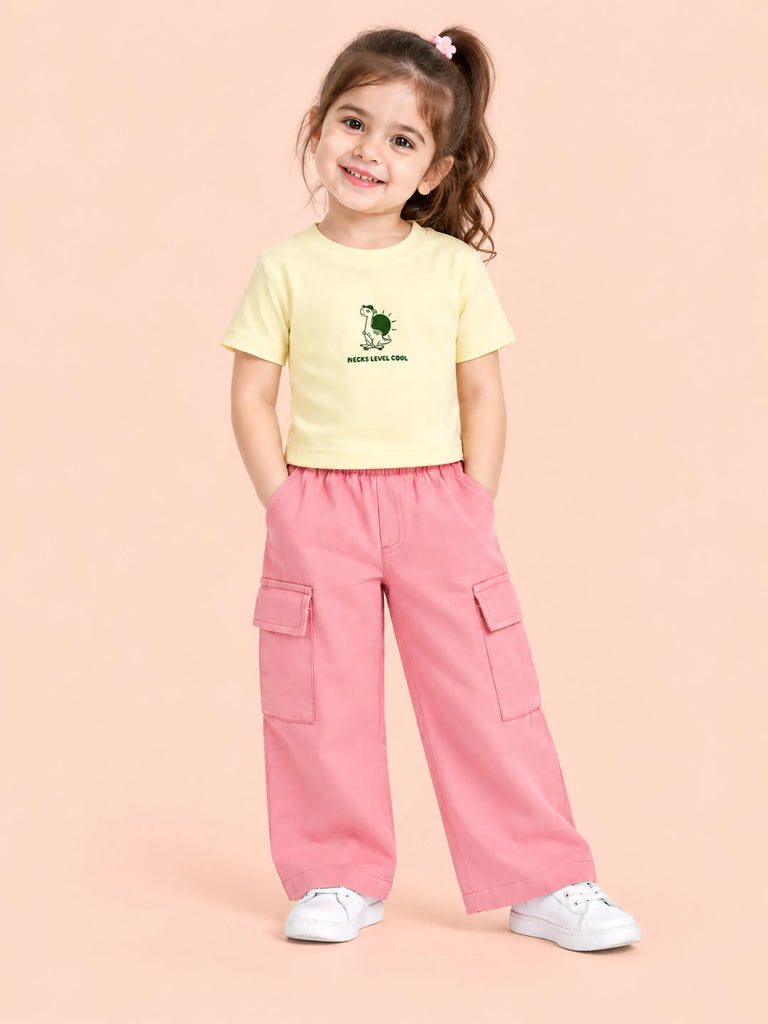 Girls Cotton Co-Ord Set – Yellow Printed T-Shirt & Pink Cargo Pants