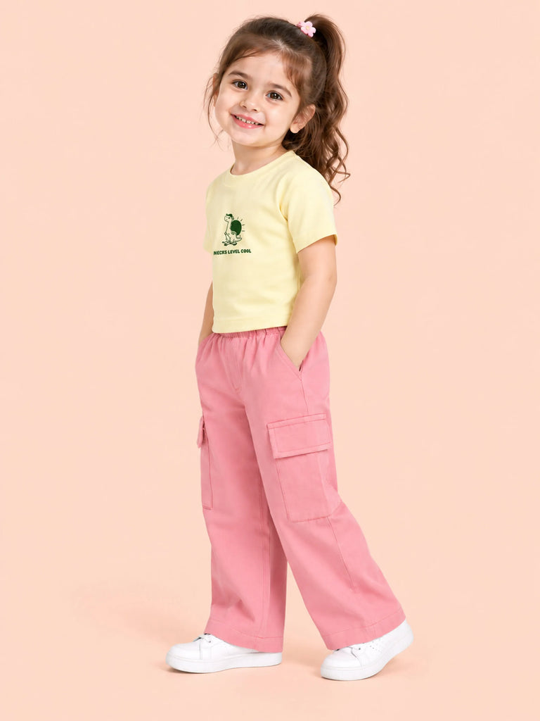 Girls Cotton Co-Ord Set – Yellow Printed T-Shirt & Pink Cargo Pants