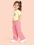 Girls Cotton Co-Ord Set – Yellow Printed T-Shirt & Pink Cargo Pants