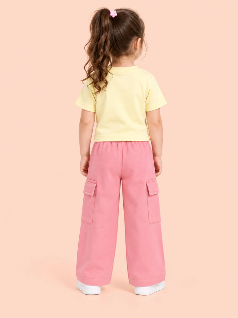 Girls Cotton Co-Ord Set – Yellow Printed T-Shirt & Pink Cargo Pants
