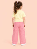 Girls Cotton Co-Ord Set – Yellow Printed T-Shirt & Pink Cargo Pants