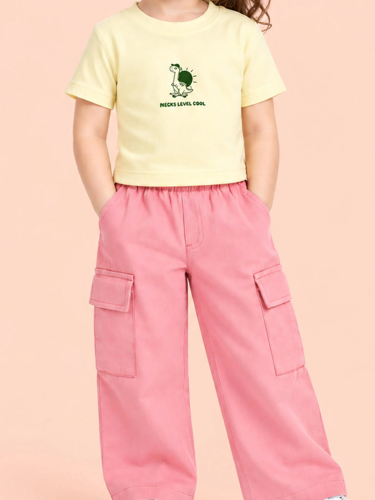 Girls Cotton Co-Ord Set – Yellow Printed T-Shirt & Pink Cargo Pants