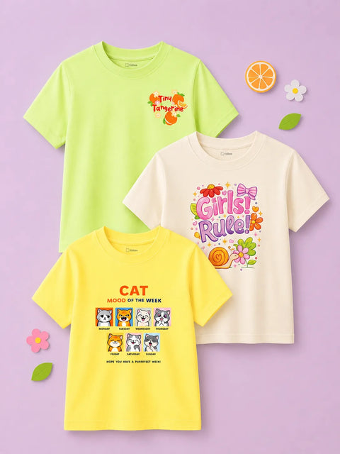 Bamboo Fabric Girls Half Sleeve T-Shirt Pack of 3 – Tiny Tangerine, Girls Rule & Cat Mood Graphic Print Soft Summer Tee Set