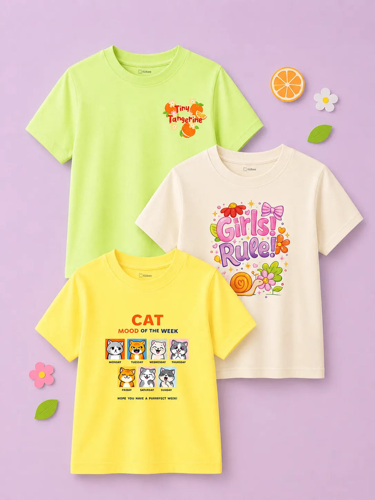 Bamboo Fabric Girls Half Sleeve T-Shirt Pack of 3 – Tiny Tangerine, Girls Rule & Cat Mood Graphic Print Soft Summer Tee Set