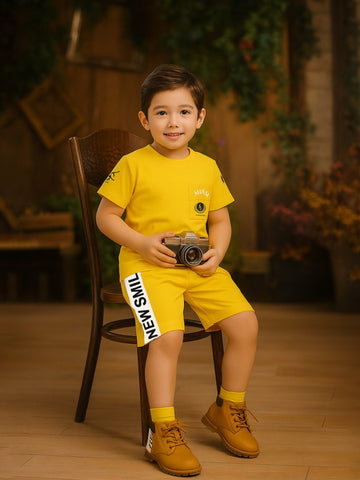 Kidbea Boys Summer T-Shirt and Shorts Co-Ord Set | Soft Cotton Blend Outfit for Kids | Yellow