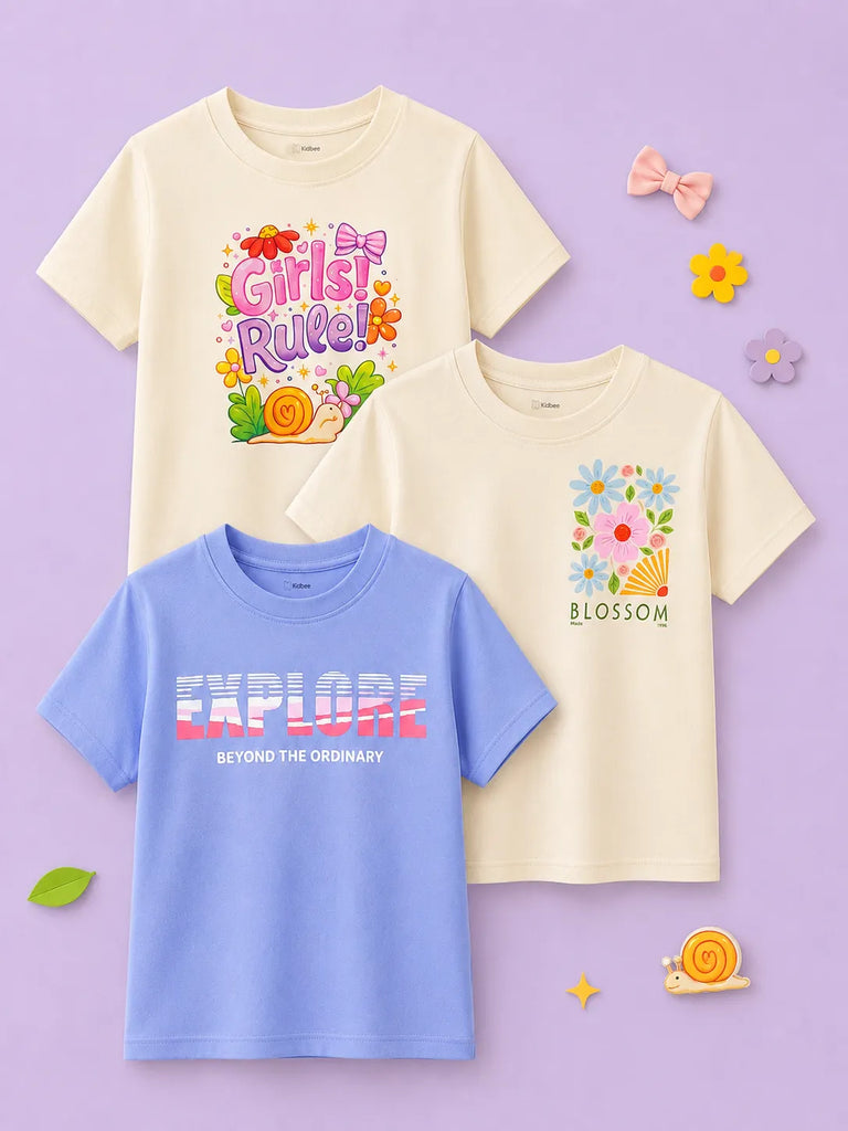 Bamboo Fabric Girls Half Sleeve T-Shirt Pack of 3 – Girls Rule, Blossom & Explore Graphic Print Soft Summer Tee Set
