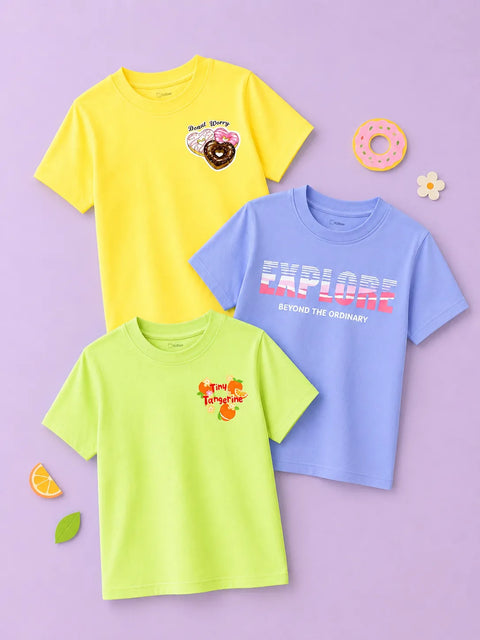 Bamboo Fabric Girls Half Sleeve T-Shirt Pack of 3 – Donut Worry, Tiny Tangerine & Explore Graphic Print Soft Summer Tee Set