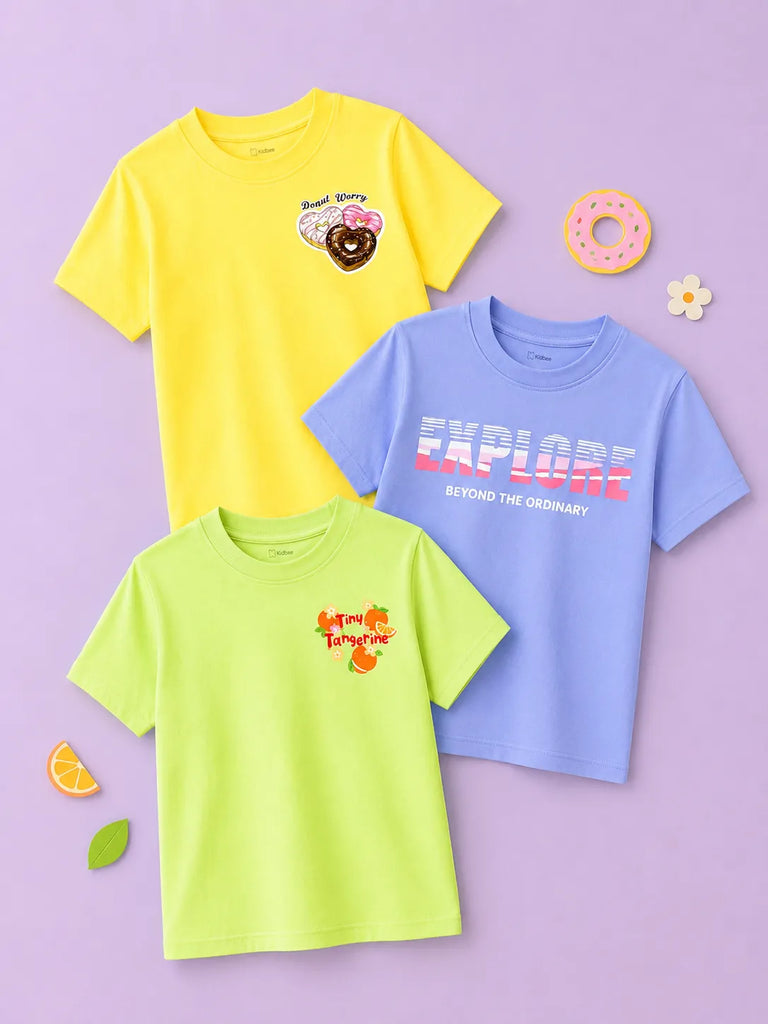 Bamboo Fabric Girls Half Sleeve T-Shirt Pack of 3 – Donut Worry, Tiny Tangerine & Explore Graphic Print Soft Summer Tee Set