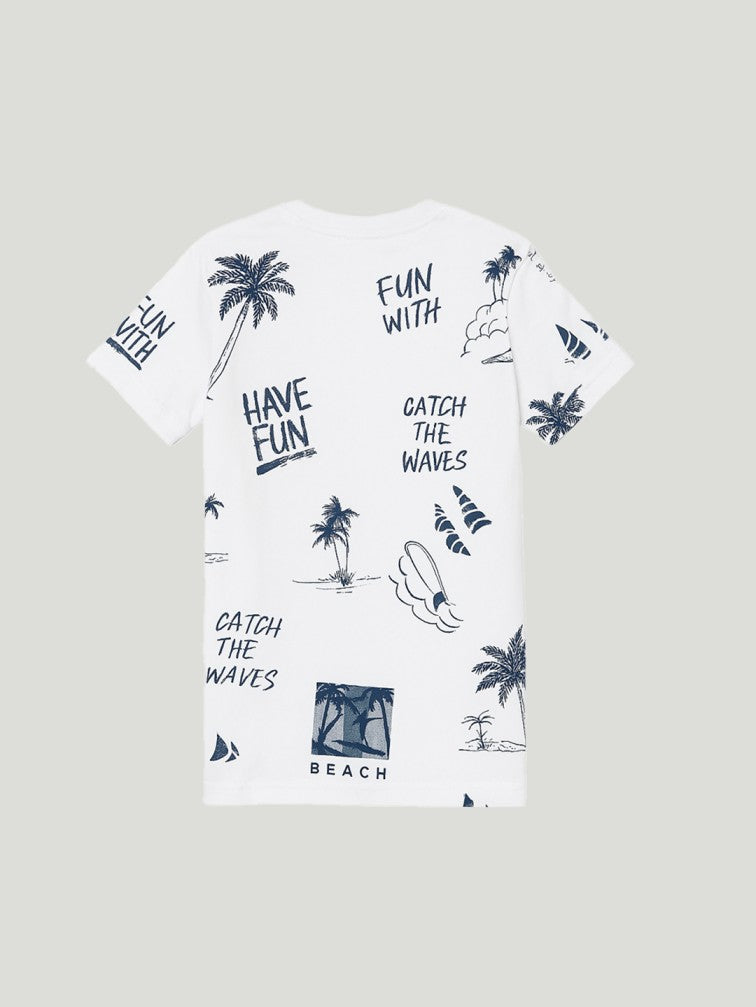 Kidbea Boys Beach Theme Co-Ord Set | Summer Cotton T-Shirt and Shorts for Boys | White