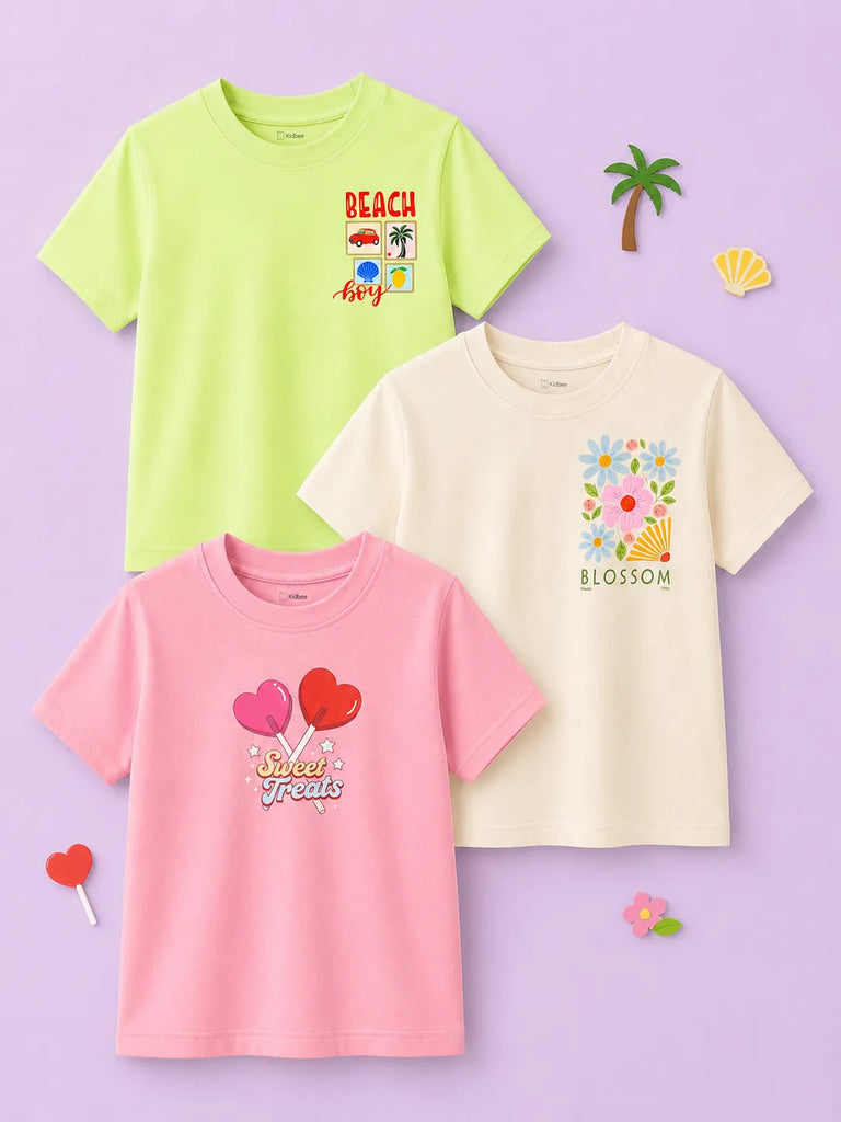 Bamboo Fabric Girls Half Sleeve T-Shirt Pack of 3 – Beach Girl, Blossom & Sweet Treats Graphic Print Soft Summer Tee Set