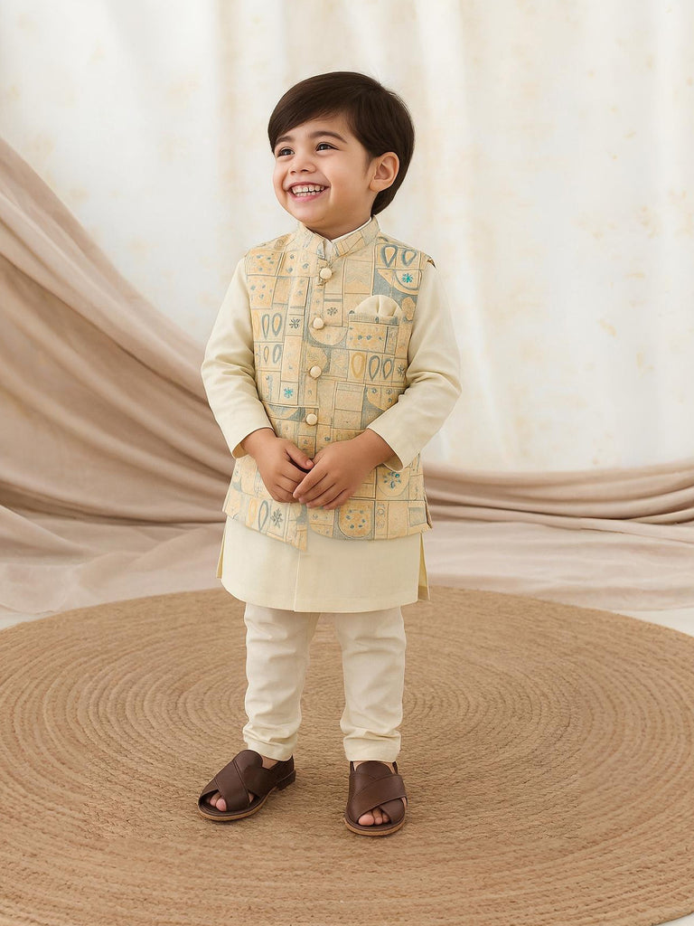 Kidbea Boys Kurta Pajama with Asymmetric Embroidered Jacket | Ethnic Wear Set for Weddings & Festivals | Cream
