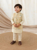 Kidbea Boys Kurta Pajama with Asymmetric Embroidered Jacket | Ethnic Wear Set for Weddings & Festivals | Cream