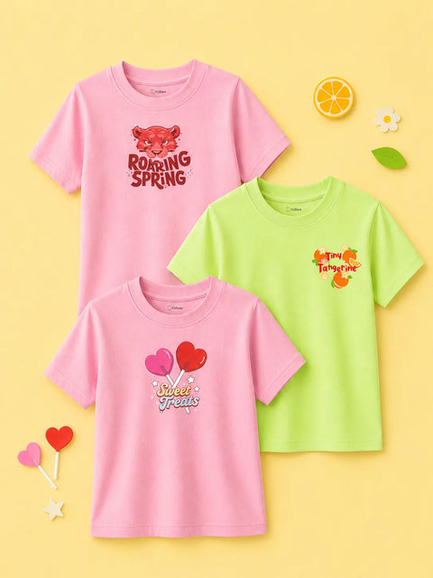 Bamboo Fabric Girls Half Sleeve T-Shirt Pack of 3 – Roaring Spring, Tiny Tangerine & Sweet Treats Graphic Print Soft Summer Tee Set