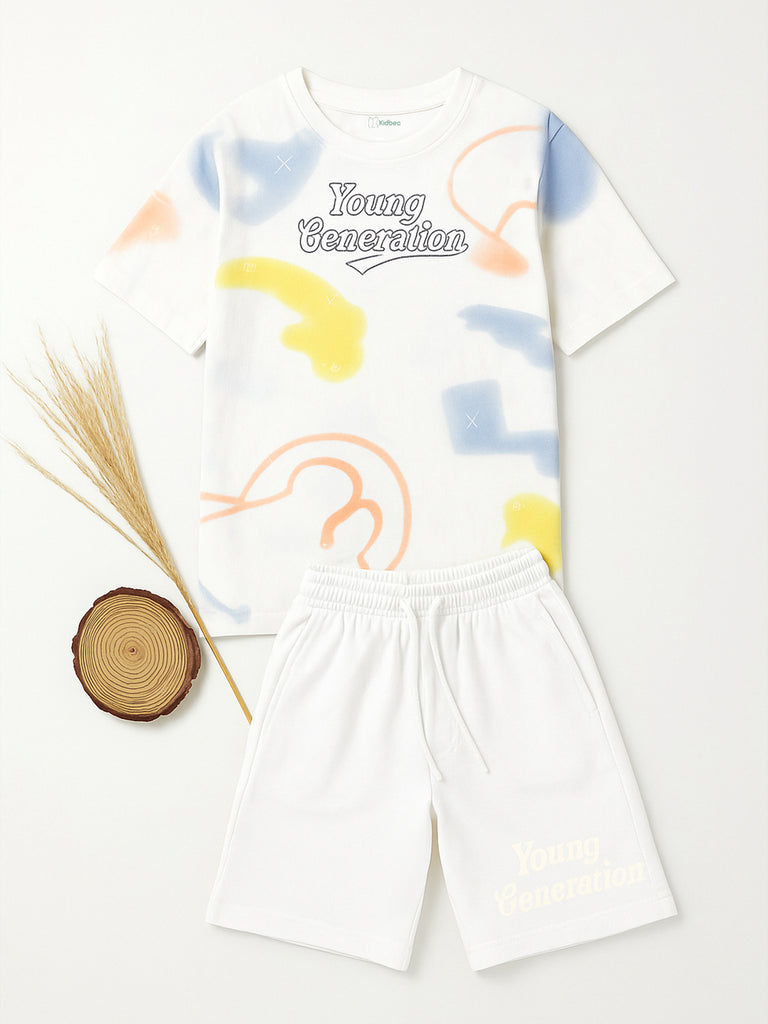 Kidbea Boys Summer Co-Ord Set | Cotton T-Shirt and Shorts for Kids | White