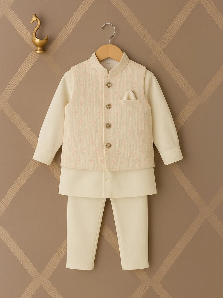 Boys Ethnic Wear Set | Kurta Pajama with Stylish Nehru Jacket | Festive Traditional Outfit for Kids | White