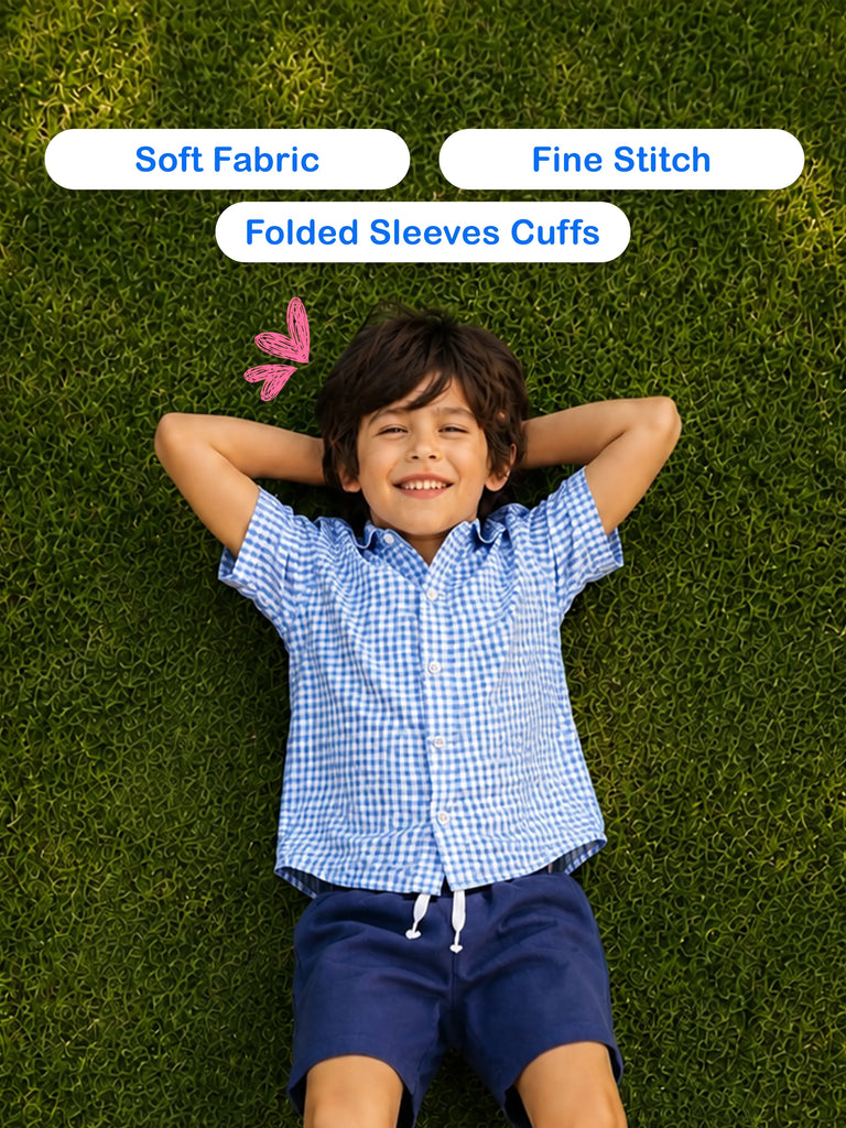 Boys Cotton Blue Gingham Check Shirt